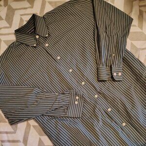 Nautica Pinstripe Dress Shirt Button Front Collared Blouse Blue + Green